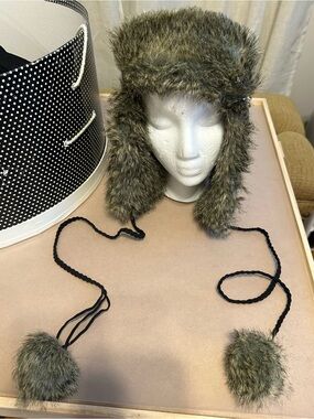 Betsey Johnson Faux Fur Trapper Hat in Olive with embroidery